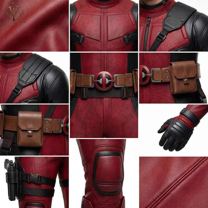 May include: A red and black tactical costume featuring a textured leather-like material, a utility belt with a circular logo buckle, brown pouches, black shoulder armor, a leg holster, and black gloves with reinforced padding on the knuckles.