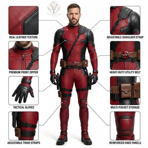 May include: A red and black leather tactical suit featuring a front zipper, adjustable shoulder strap, heavy-duty utility belt with a circular buckle, multi-pocket storage, tactical gloves, adjustable thigh straps, and reinforced knee panels.
