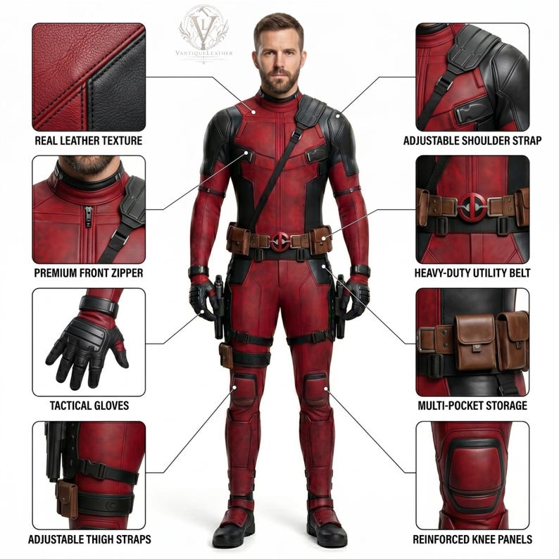 May include: A red and black leather tactical suit featuring a front zipper, adjustable shoulder strap, heavy-duty utility belt with a circular buckle, multi-pocket storage, tactical gloves, adjustable thigh straps, and reinforced knee panels.