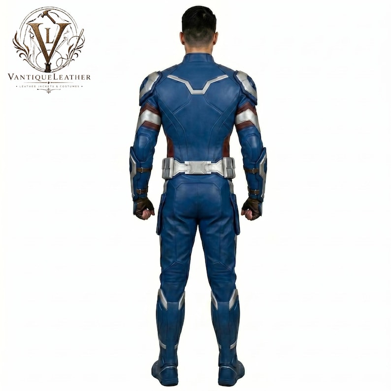 May include: A blue leather full-body suit featuring silver armor plating on the shoulders, forearms, and waist. The suit includes dark brown gloves and intricate paneling throughout the back, legs, and arms, with the VANTIQUELEATHER logo visible.