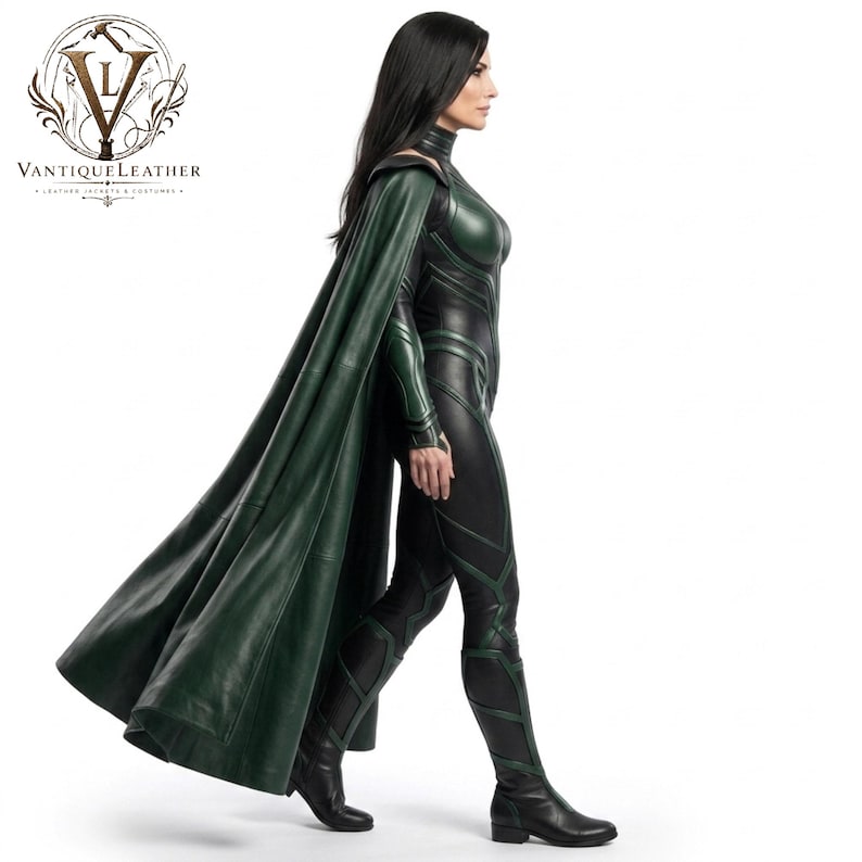 May include: A full-body leather costume featuring a dark green cape, a fitted black and green bodysuit with structured paneling, and matching black boots. The VantiqueLeather logo is visible in the top left corner with the text VantiqueLeather.