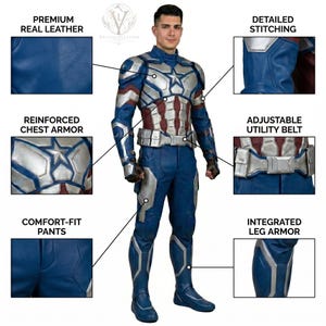May include: A blue, silver, and red leather costume featuring reinforced chest armor with a star emblem, an adjustable utility belt, and integrated leg armor. The suit includes detailed stitching and is labeled with features like premium real leather.