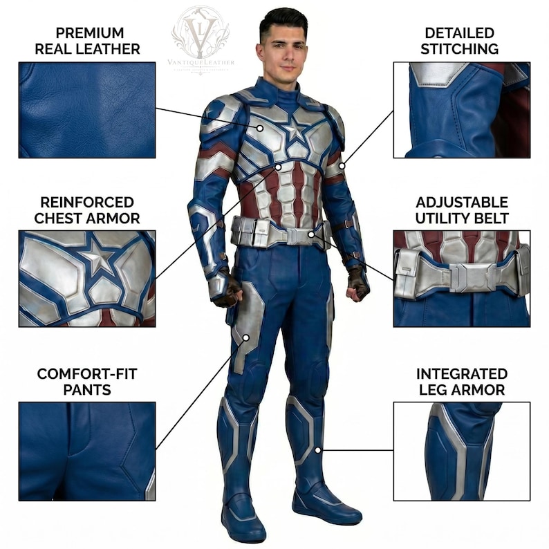 May include: A blue, silver, and red leather costume featuring reinforced chest armor with a star emblem, an adjustable utility belt, and integrated leg armor. The suit includes detailed stitching and is labeled with features like premium real leather.