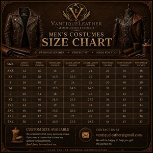 May include: A dark brown informational size chart for VantiqueLeather jackets and costumes. The chart displays measurements in inches for sizes XXS through 5XL, including chest, waist, shoulder, sleeve, jacket length, and pant dimensions in a grid.