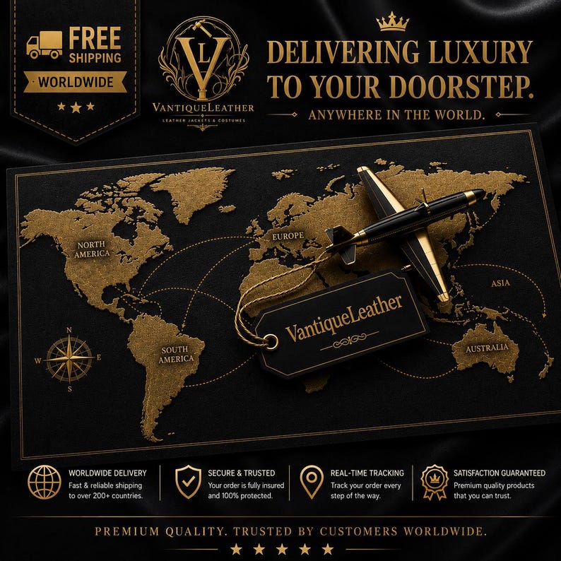 May include: A black and gold world map graphic featuring a miniature black airplane model with gold accents. A black tag with the gold text VantiqueLeather is attached to the plane. The map includes text labels for continents and a compass rose.