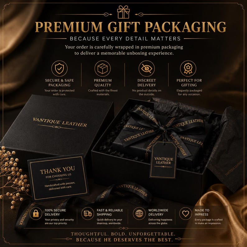 May include: A black gift box set with gold text reading VANTIQUE LEATHER, featuring a black ribbon with the brand name, a matching gift tag, and a thank you card. The display includes icons for secure packaging, quality, and delivery services.