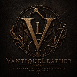 May include: A dark bronze logo featuring a large letter V with an L inside, a hammer, a needle, and a leather jacket silhouette. The text reads VANTIQUELEATHER and LEATHER JACKETS & COSTUMES in a metallic font against a dark, textured background.