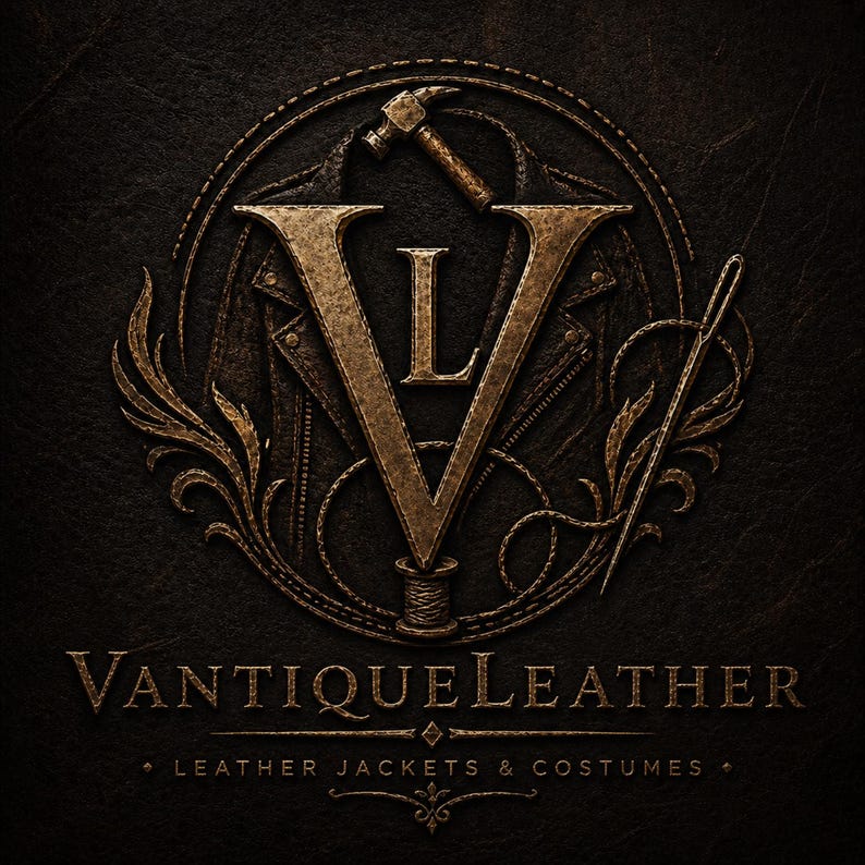 May include: A dark bronze logo featuring a large letter V with an L inside, a hammer, a needle, and a leather jacket silhouette. The text reads VANTIQUELEATHER and LEATHER JACKETS & COSTUMES in a metallic font against a dark, textured background.
