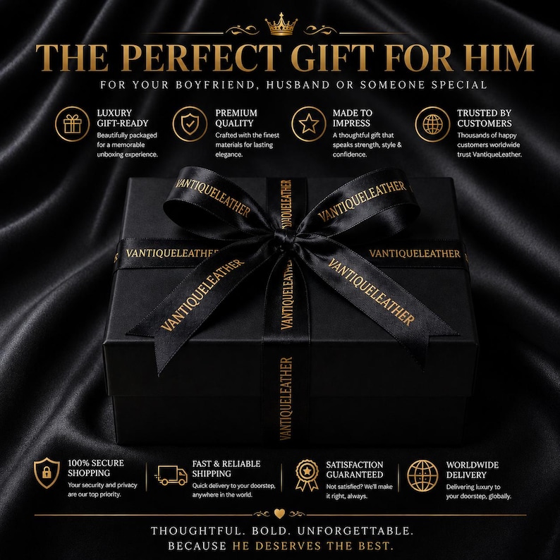 May include: A rectangular black gift box tied with a black satin ribbon featuring the gold text VANTIQUELEATHER. The box is surrounded by text including THE PERFECT GIFT FOR HIM, LUXURY GIFT-READY, PREMIUM QUALITY, MADE TO IMPRESS, and TRUSTED BY CUSTOMERS.