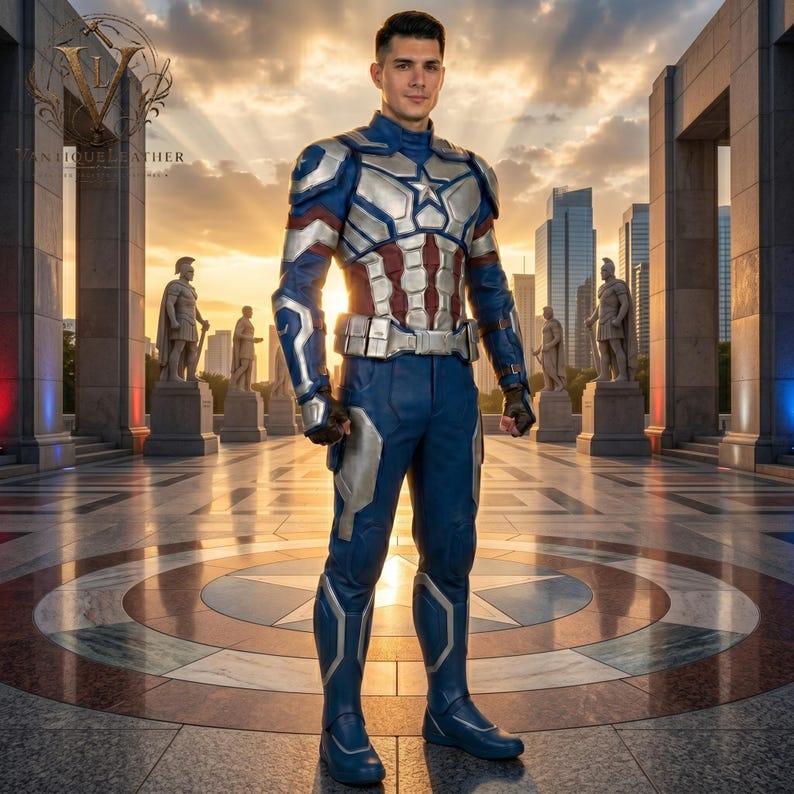 May include: A full-body superhero costume featuring a blue, silver, and red leather-textured suit with a star emblem on the chest, integrated armor plating on the torso, shoulders, and legs, a utility belt, and matching blue boots and gloves.
