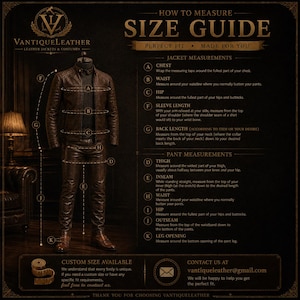May include: A dark brown leather jacket and matching pants on a mannequin, presented as a size guide. The image includes text labels for measuring chest, waist, hip, sleeve, back, thigh, inseam, outseam, and leg opening, with VantiqueLeather branding.