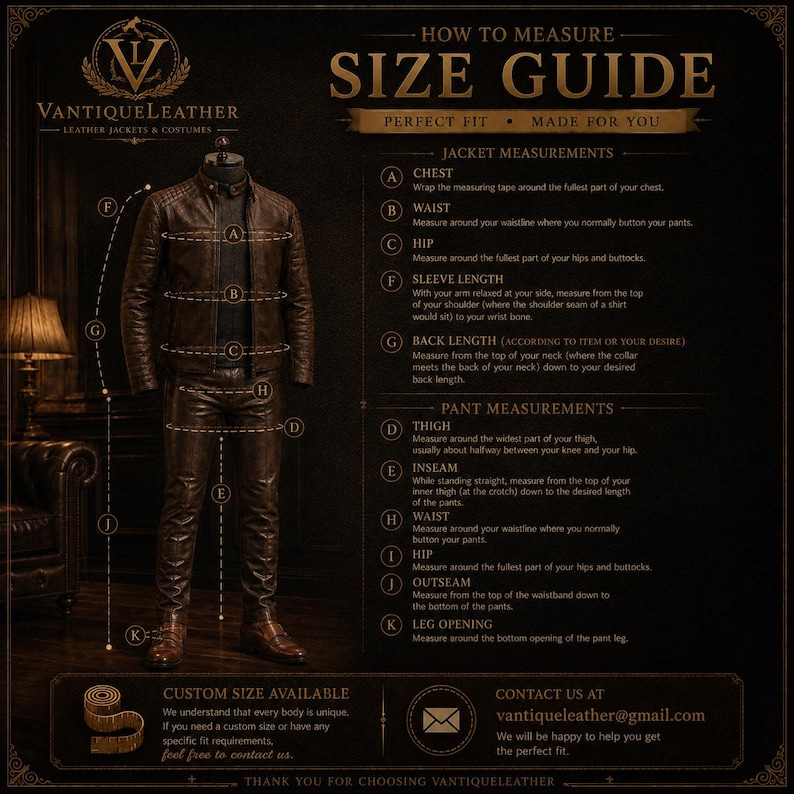 May include: A dark brown leather jacket and matching pants on a mannequin, presented as a size guide. The image includes text labels for measuring chest, waist, hip, sleeve, back, thigh, inseam, outseam, and leg opening, with VantiqueLeather branding.