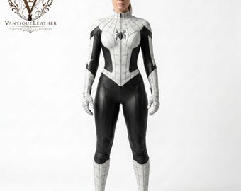 Spider Girl Costume Inspired White Leather Jumpsuit | Female Spiderman Cosplay Suit | Super Hero Bodysuit | Custom Cosplay Gift for Her