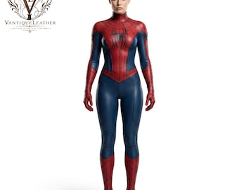 Spider Girl Inspired Red Blue Leather Jumpsuit | Classic Comic Costume For Women | Superhero Cosplay Suit | Spiderman Gift For Her