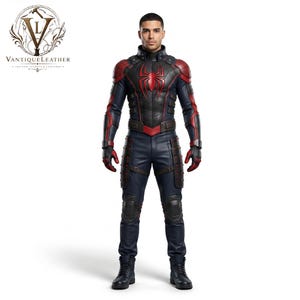 May include: A full-body suit featuring a dark navy blue and red color scheme with a prominent red spider emblem on the chest. The suit includes structured shoulder panels, reinforced knee pads, tactical-style leg attachments, and dark boots.