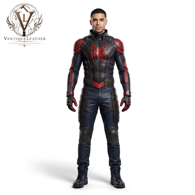 May include: A full-body suit featuring a dark navy blue and red color scheme with a prominent red spider emblem on the chest. The suit includes structured shoulder panels, reinforced knee pads, tactical-style leg attachments, and dark boots.