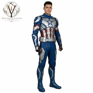 May include: A full-body superhero costume featuring a blue, silver, and red leather jacket with a star emblem on the chest, matching blue trousers, silver armor plating on the shoulders and torso, a utility belt, and blue boots with silver accents.
