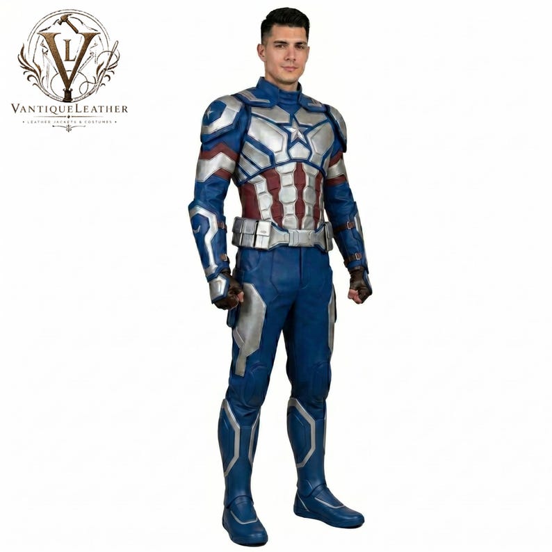 May include: A full-body superhero costume featuring a blue, silver, and red leather jacket with a star emblem on the chest, matching blue trousers, silver armor plating on the shoulders and torso, a utility belt, and blue boots with silver accents.
