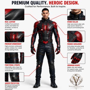 May include: A black and red leather suit featuring a stand collar with snap buttons, padded shoulders, an embossed spider emblem on the chest, functional side straps, reinforced knee guards, and matching gloves. Text reads: PREMIUM QUALITY. HEROIC DESIGN.