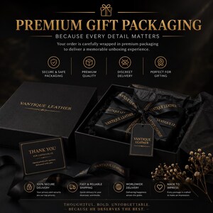 May include: A black gift box set with gold lettering reading VANTIQUE LEATHER, featuring a black ribbon with the brand name, a matching gift tag, and a thank you card. The packaging includes icons for secure delivery and premium quality.