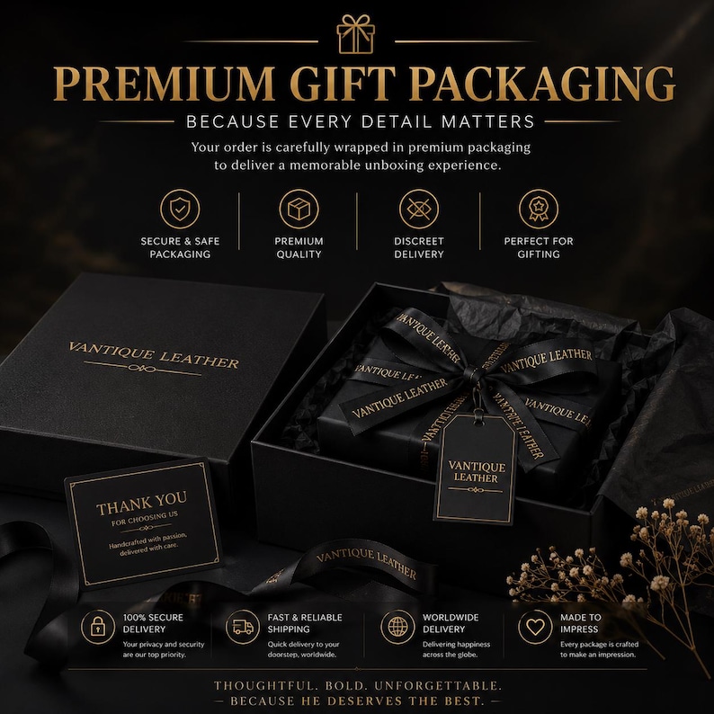 May include: A black gift box set with gold lettering reading VANTIQUE LEATHER, featuring a black ribbon with the brand name, a matching gift tag, and a thank you card. The packaging includes icons for secure delivery and premium quality.