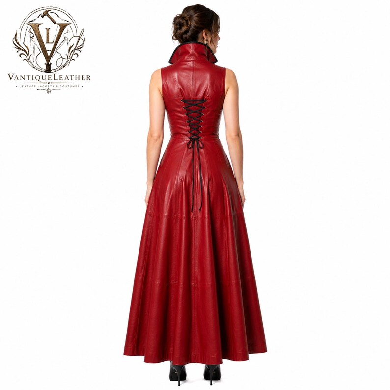 May include: A sleeveless floor-length red leather dress featuring a high collar, a fitted bodice with a black lace-up corset back, and a flared skirt. The VANTIQUE LEATHER logo is visible in the top left corner with the text VANTIQUE LEATHER.