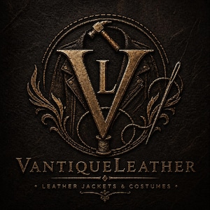 May include: A circular logo featuring a large bronze letter V with an L inside, a hammer, a needle, and a leather jacket silhouette. The text reads VANTIQUELEATHER and LEATHER JACKETS & COSTUMES in a metallic bronze font on a dark textured background.
