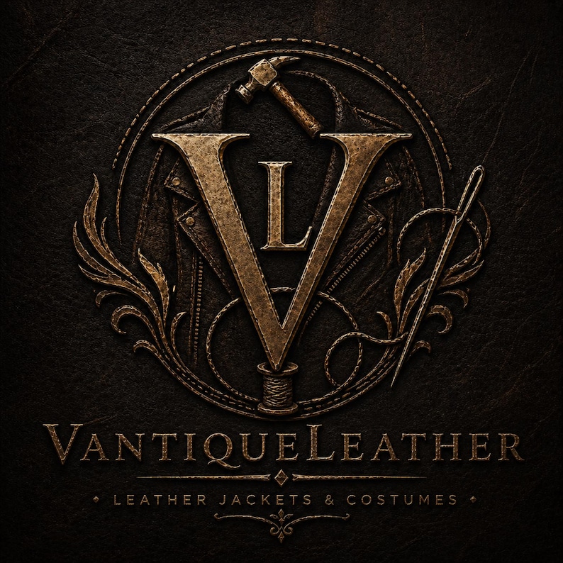 May include: A circular logo featuring a large bronze letter V with an L inside, a hammer, a needle, and a leather jacket silhouette. The text reads VANTIQUELEATHER and LEATHER JACKETS & COSTUMES in a metallic bronze font on a dark textured background.