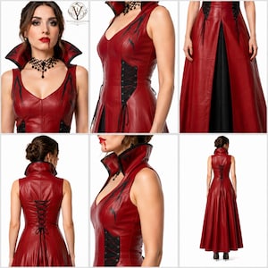 May include: A sleeveless floor-length dress in deep red with black accents. It features a high stand-up collar, a V-neckline, and black lace-up corset-style detailing on the sides and back. The skirt has a front slit revealing a black underskirt.