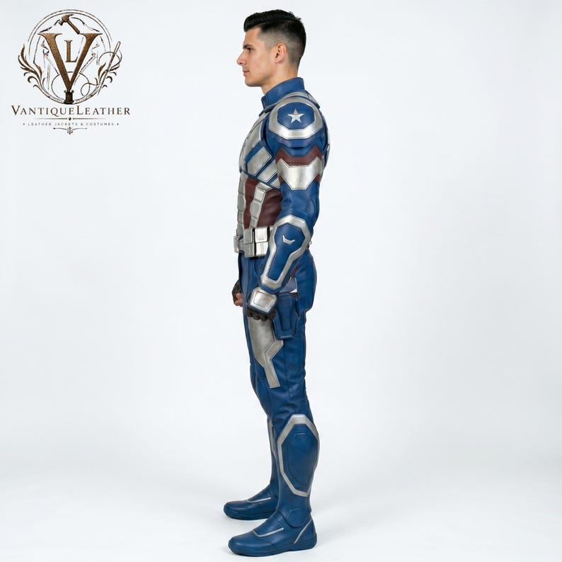 May include: A blue, silver, and dark red leather costume featuring a star emblem on the shoulder, a structured jacket, matching trousers, and boots. The outfit includes a utility belt and molded armor plating on the arms and legs, presented in a side profile view.