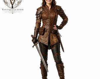May include: A brown leather jacket with shoulder armour, a matching belt with a small pouch, and dark trousers with leather accents. The outfit includes fingerless gloves and tall brown leather boots. A metal sword is held in one hand.