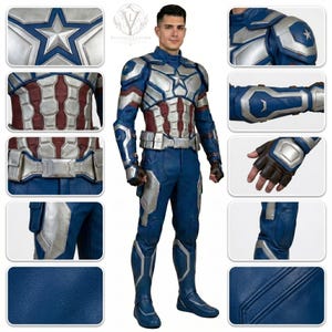May include: A blue, silver, and red leather costume featuring a chest piece with a central silver star, segmented abdominal plating, a utility belt, armored shoulder pads, gauntlets, and matching trousers with reinforced knee and thigh panels.