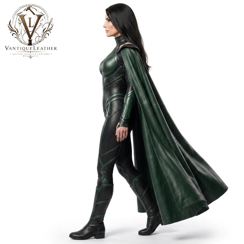 May include: A black and dark green leather bodysuit featuring a high collar, long sleeves, and integrated shoulder armor. The costume includes a long, flowing dark green leather cape and matching black leather boots with green panel detailing.