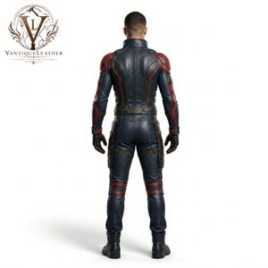 May include: A full-body leather suit in navy blue, black, and dark red. The suit features a high collar, structured shoulder panels, a fitted waist belt, and integrated gloves. The back view shows detailed paneling and dark boots. VANTIQUE LEATHER logo.
