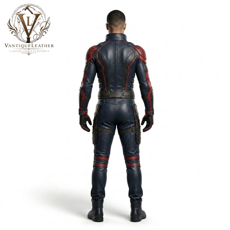 May include: A full-body leather suit in navy blue, black, and dark red. The suit features a high collar, structured shoulder panels, a fitted waist belt, and integrated gloves. The back view shows detailed paneling and dark boots. VANTIQUE LEATHER logo.