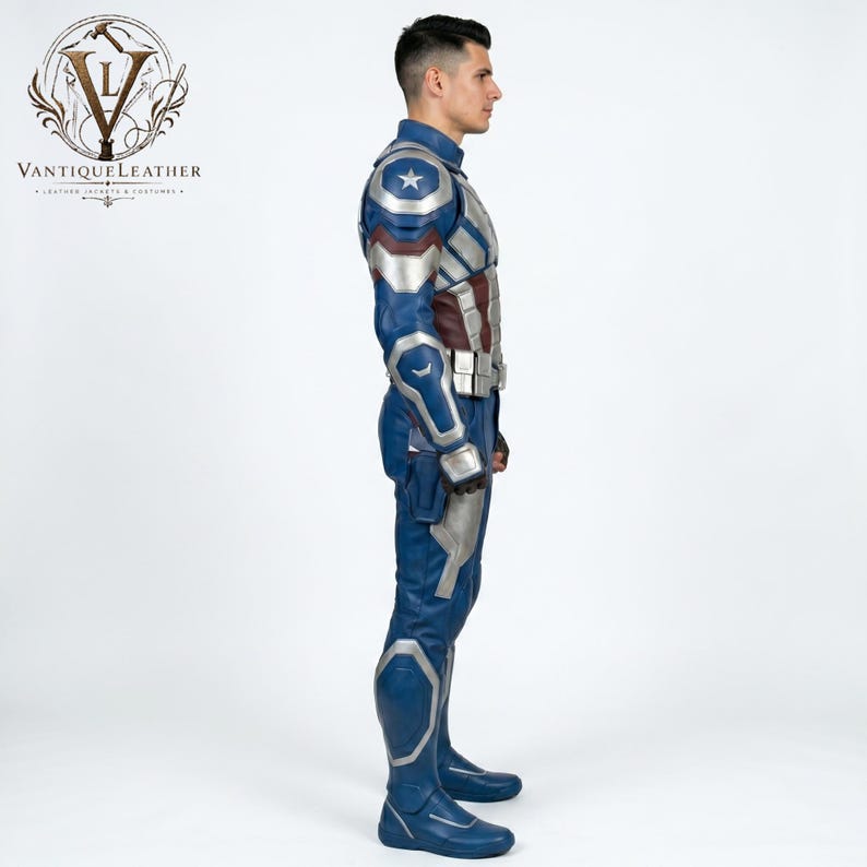 May include: A blue, silver, and dark red leather costume featuring a high collar, shoulder armor with a white star emblem, segmented chest plating, a utility belt, and matching trousers with reinforced knee panels, viewed from the side profile.