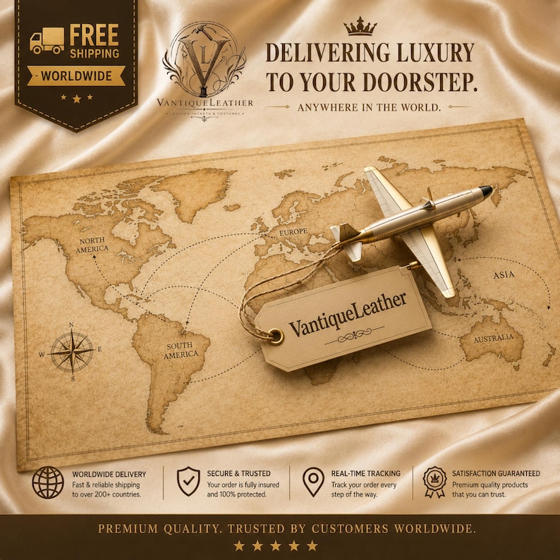 May include: A vintage-style world map on parchment paper featuring a small silver toy airplane and a rectangular beige tag labeled VantiqueLeather. The map displays continents, dashed flight paths, and a compass rose, with text including Delivering Luxury To Your Doorstep.