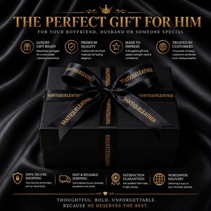 May include: A rectangular black gift box tied with a black satin ribbon featuring the gold text VANTIQUELEATHER. The box is surrounded by text including THE PERFECT GIFT FOR HIM, LUXURY GIFT-READY, PREMIUM QUALITY, MADE TO IMPRESS, and TRUSTED BY CUSTOMERS.