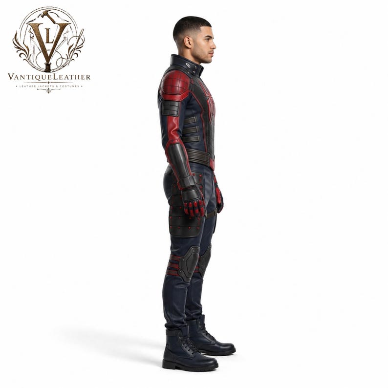 May include: A full-body leather costume featuring a dark navy blue and red color scheme with a high collar, structured shoulder panels, integrated gloves, and reinforced knee pads. The suit displays a spider emblem on the chest and black boots.