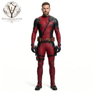 May include: A full-body red and black tactical costume featuring a textured suit, a brown utility belt with a circular buckle, black gloves, and leg holsters. The outfit includes a diagonal shoulder strap and knee pads, worn by a person with a beard.