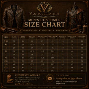 May include: A dark brown informational size chart for VantiqueLeather jackets and costumes. The chart displays measurements in inches for sizes XXS through 5XL, including chest, waist, shoulder, sleeve, jacket length, and pant dimensions in a grid.