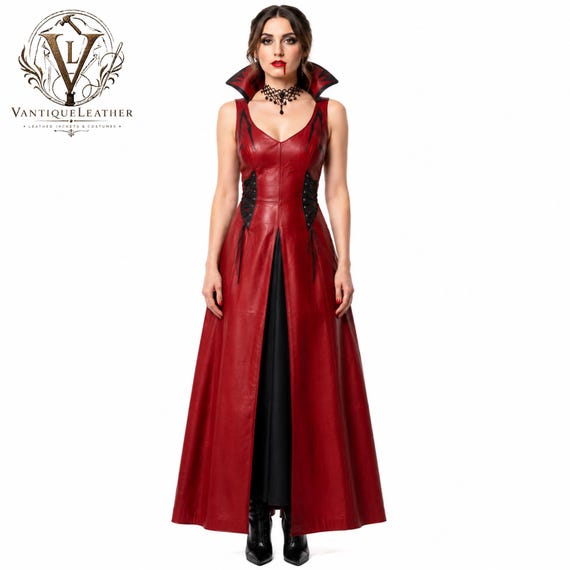 Gothic Vampire Dress | Dracula Corset Costume | Red Leather Maxi Dress | Halloween Fantasy Gown