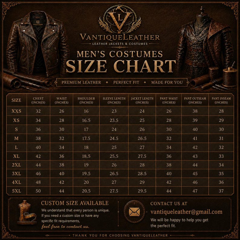 May include: A dark brown informational size chart for VantiqueLeather jackets and costumes. The chart displays measurements in inches for sizes XXS through 5XL, including chest, waist, shoulder, sleeve, jacket length, and pant dimensions in a grid.