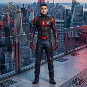 May include: A full-body suit featuring a dark navy blue and black color scheme with red accents on the shoulders, arms, and chest. A prominent red spider emblem is centered on the chest. The suit includes tactical-style padding and dark boots.