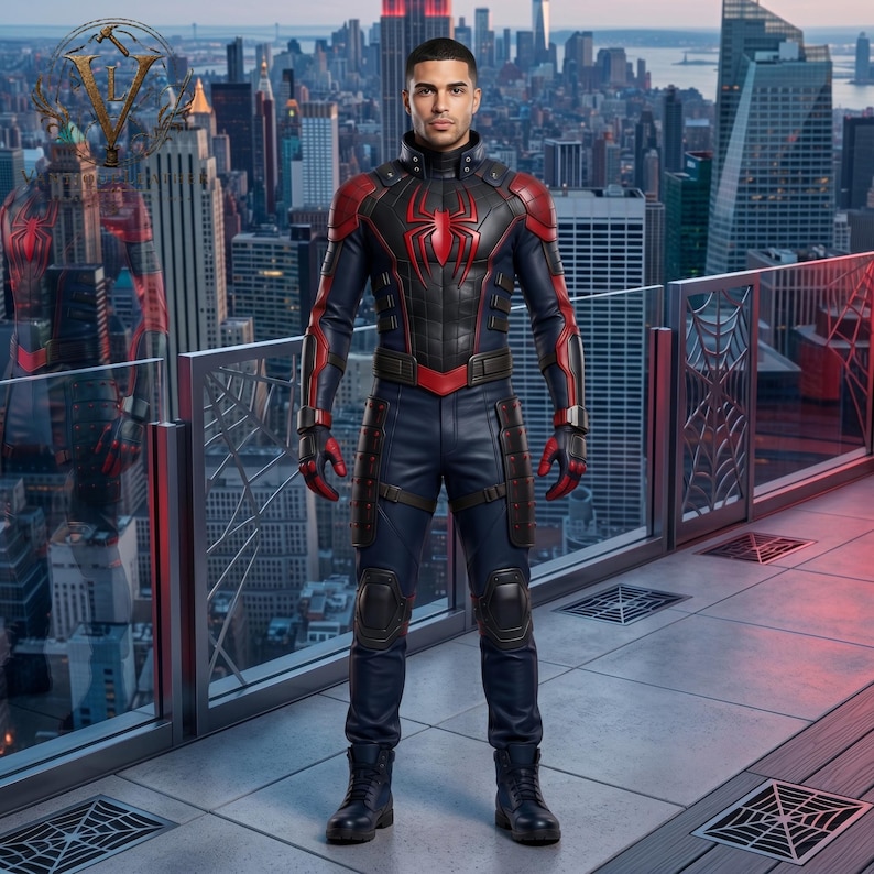 May include: A full-body suit featuring a dark navy blue and black color scheme with red accents on the shoulders, arms, and chest. A prominent red spider emblem is centered on the chest. The suit includes tactical-style padding and dark boots.