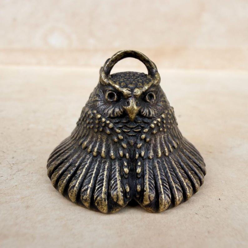 Solid Brass Owl Bell Hand-Cast Vintage Charm Figurine Aged Patina Bronze Bird Decor Collector Gift
