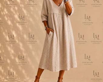 Cotton Linen Boho Dress, Women's Loose Fit Midi Dress, Everyday Casual Summer Wear