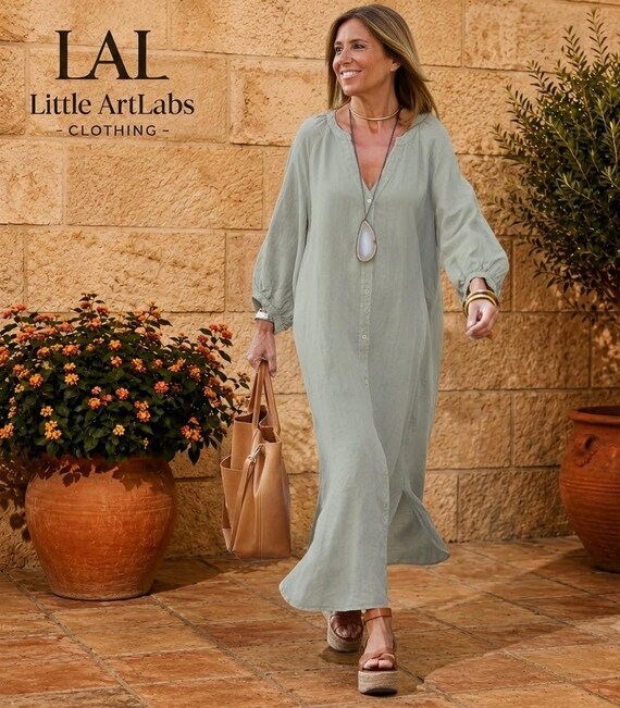 Women's White Linen Maxi Dress, Button Down Boho Dress, Casual Summer Outfit
