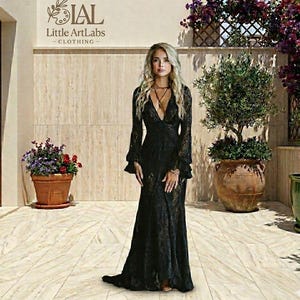 black lace dress etsy Black Lace Wedding Dress with Long Sleeves, Gothic Wedding Dress, Alternative Wedding Dress