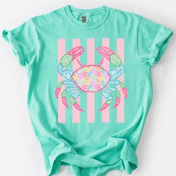 Floral Crab - stripes - crab - beach DTF - beach -Summer - Direct to film transfer - Ready to press - Custom transfers - DTF
